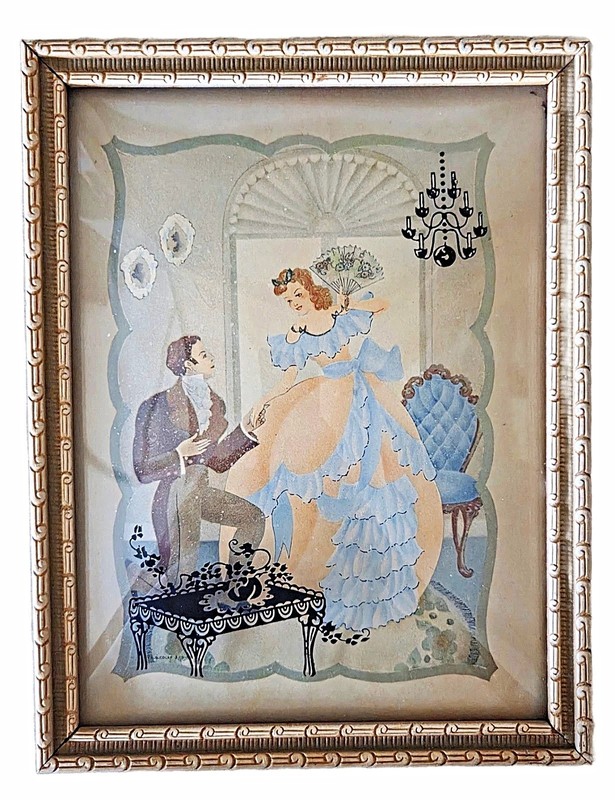 Vintage Convex Glass Reverse Painted Man and Woman Courting Picture 9″x 7″