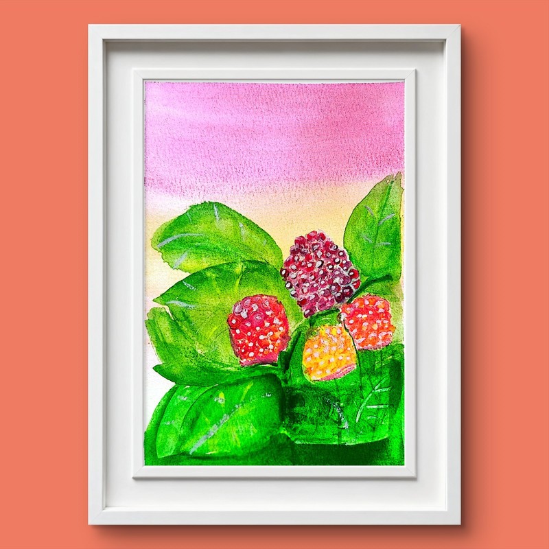 Sunkissed Raspberries Coloful Impressionist Original Watercolor 5x7 Signed gallery