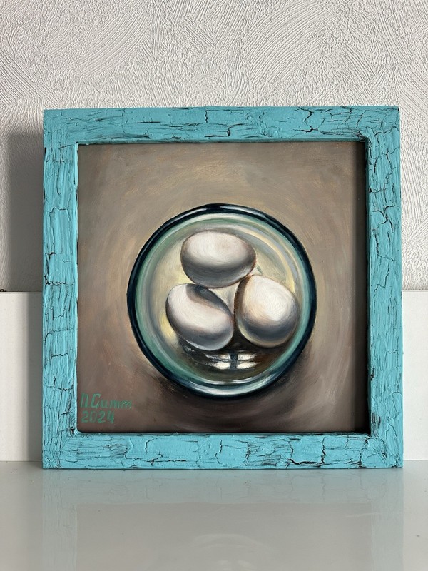 original oil painting,still life, Art For Kitchen, Eggs,9,8х9,8 Inch, 25x25cm