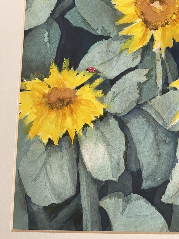 Vtg Sunflower Picture Original Watercolor Ladybugs Bev Allen Matting 20" x 16" gallery