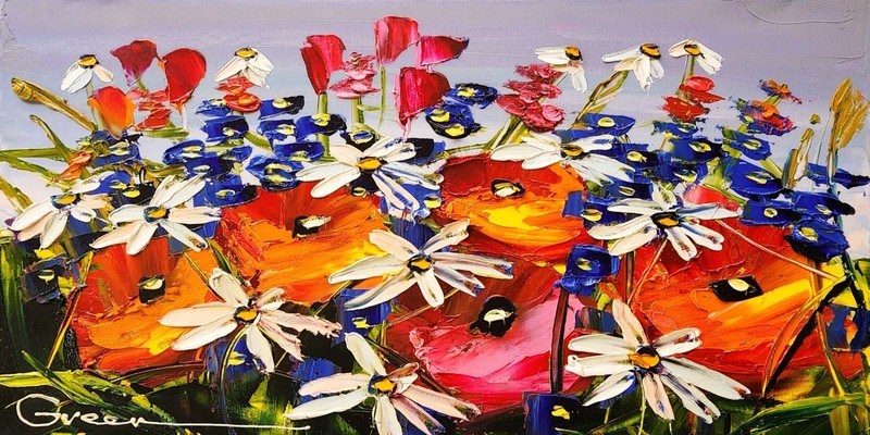 MAYA GREEN (1957-), Oil on Canvas, Colorful Flowers in The Field, Signed