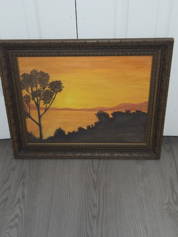 Vintage Golden Sunset Painting Framed Acrylic on canvas