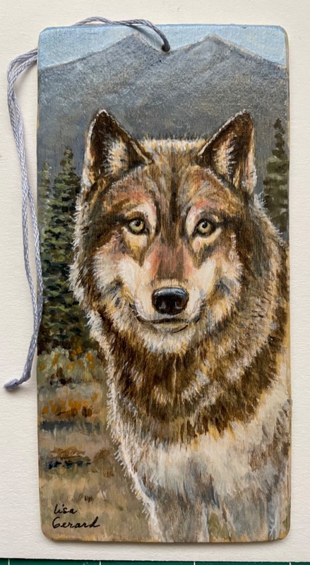 Original acrylic painting on wood. Beautiful timber wolf. 5.25 x2.5″