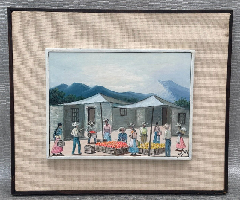 MEZA SIGNED OIL PAINTING SPANISH MARKET STREET VENDORS SOUTH AMERICAN ANDES ART gallery