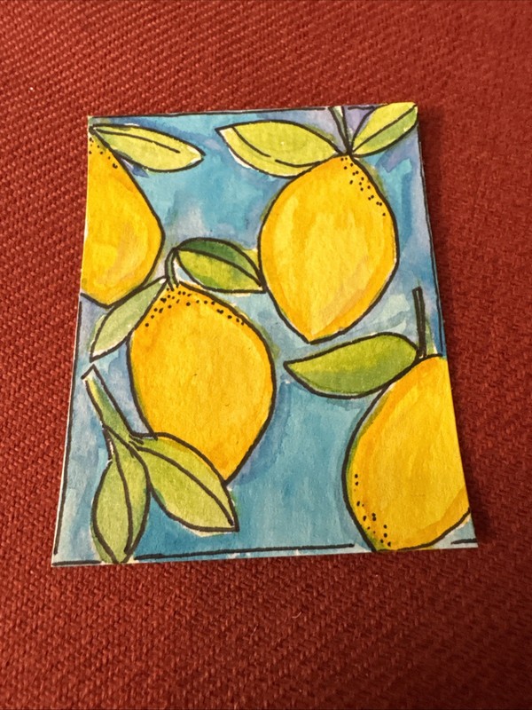 ACEO Original Watercolor and Pen Yellow Lemons Food Series Artist Trading Card