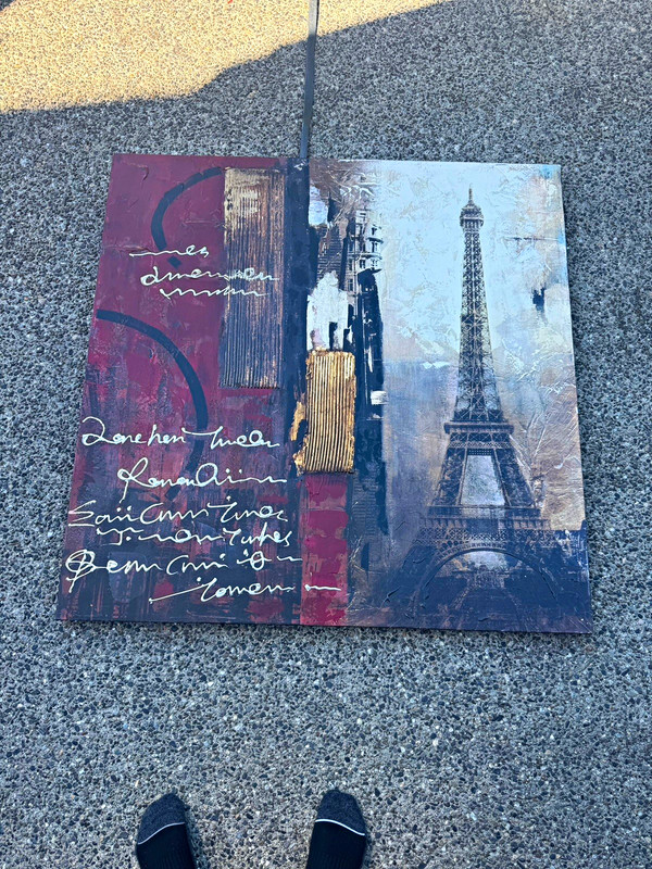 Abstract Mixed Media Paris Eiffel Tower Cityscape Canvas Painting, Unframed