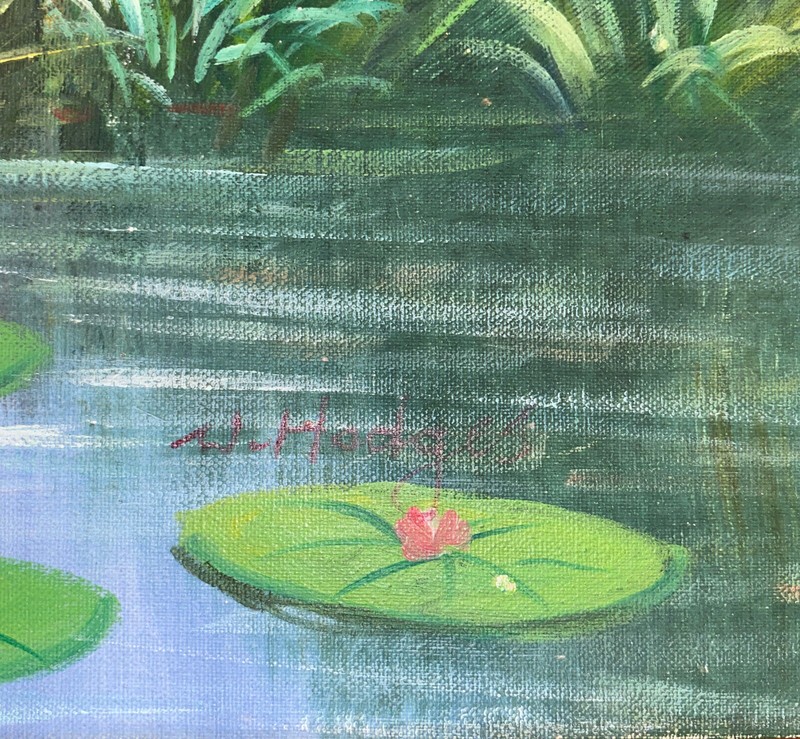Original W. Hodges Oil Painting Colorful Flowers Spring garden gazebo Lily Pond gallery