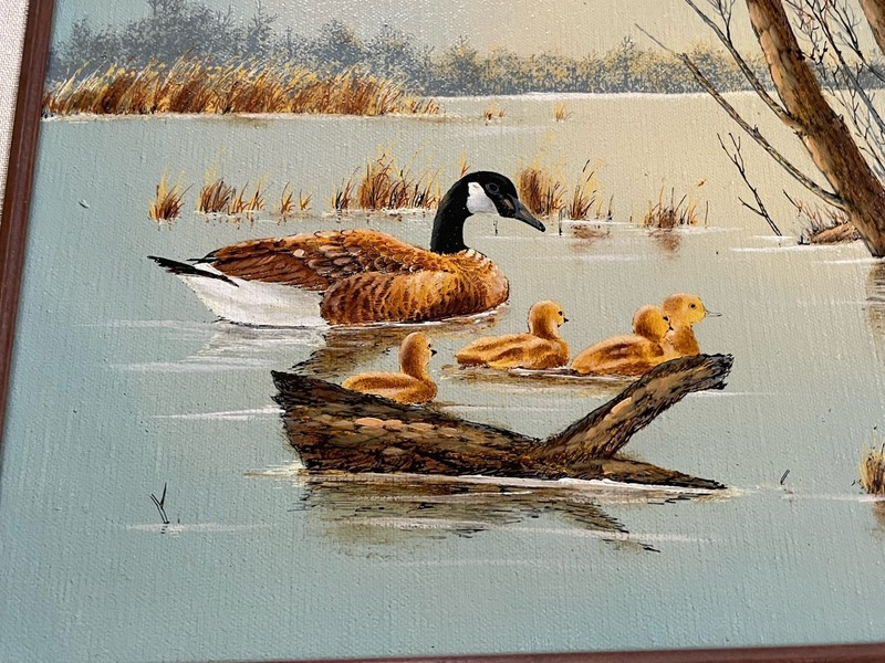 Vintage Geese W Chicks In Marsh Oil Painting By R SMITH, Wooden Framed, 18x22” gallery