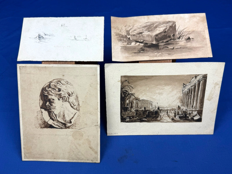 4 19thC. Pieces of Art ~ 3 Watercolors & a Hand Drawn 1830 Nautical Images