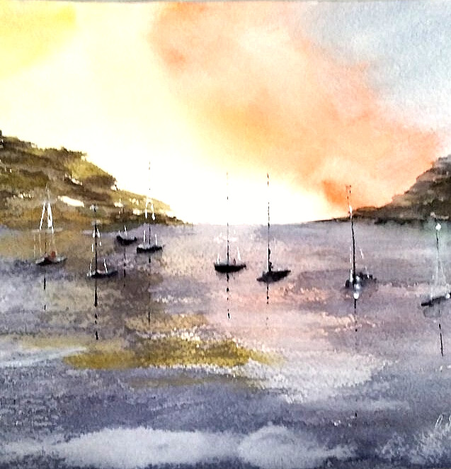 paintinwatercolor seascape quiet harbor sea sailboats beautiful sky sunrisegift gallery