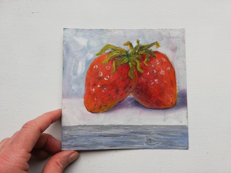 Still Life with Strawberries, Original Miniature Oil Painting, No Frame. 15x15 cm gallery
