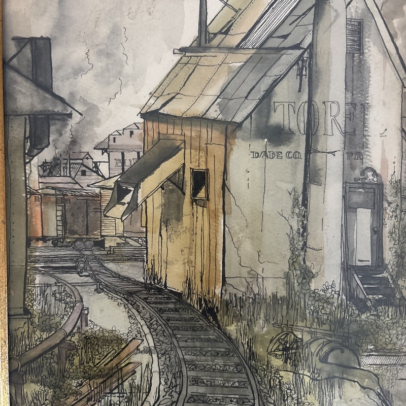 Framed Original Watercolor Painting Of A Train Depot Signed By Artist gallery