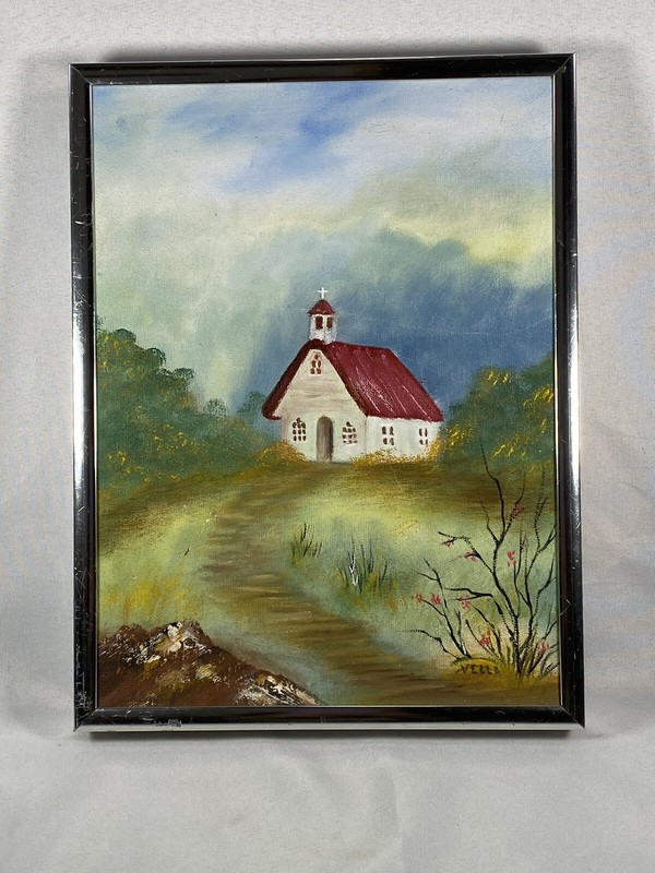 Original Acrylic on Canvas Country Pathway To Church By Vella 1993 Framed gallery
