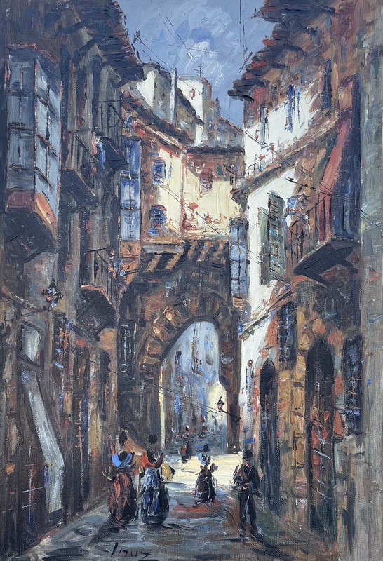 Expressionist Southern City Scene House Alley People Oil Painting 55 x 38 cm