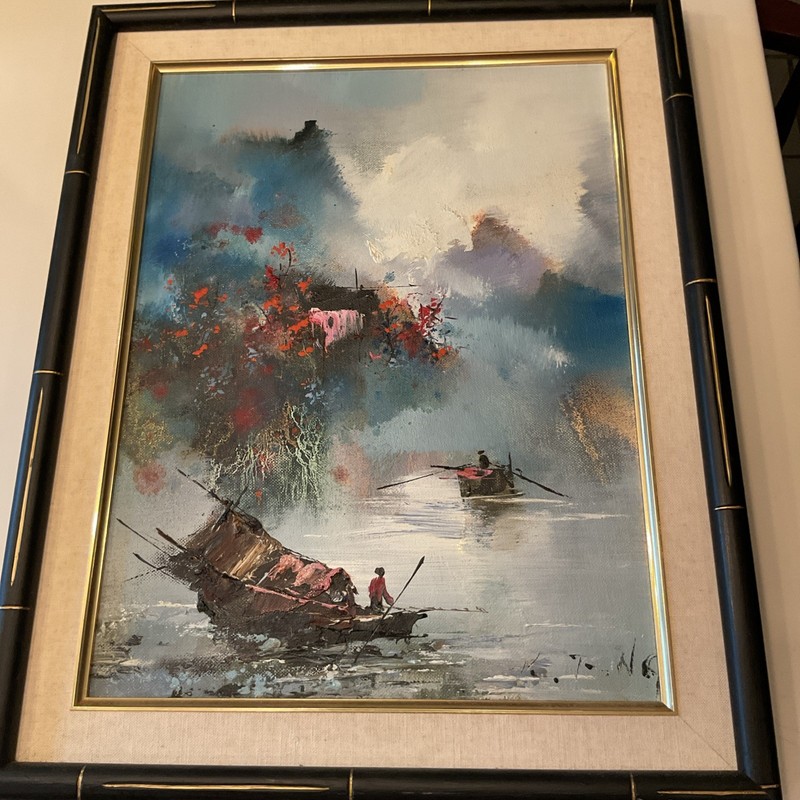 Original KEE FUNG NG Oil Painting BOATS ON WATER Framed 19”x15” VTG ASIAN ART