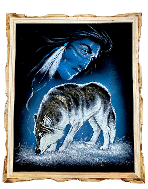18″X 22″ HAND PAINTED,VELVET PAINTING , VINTAGE , WOLF PAINTING , WOOD FRAME ,#7