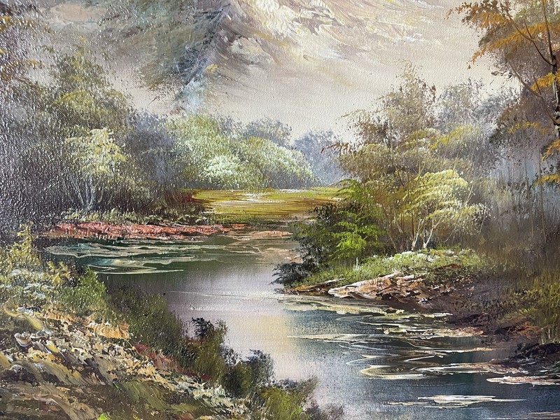 Vintage Signed Oil Canvas Painting Mountains Fall River Scene 41.5”x29.5” gallery