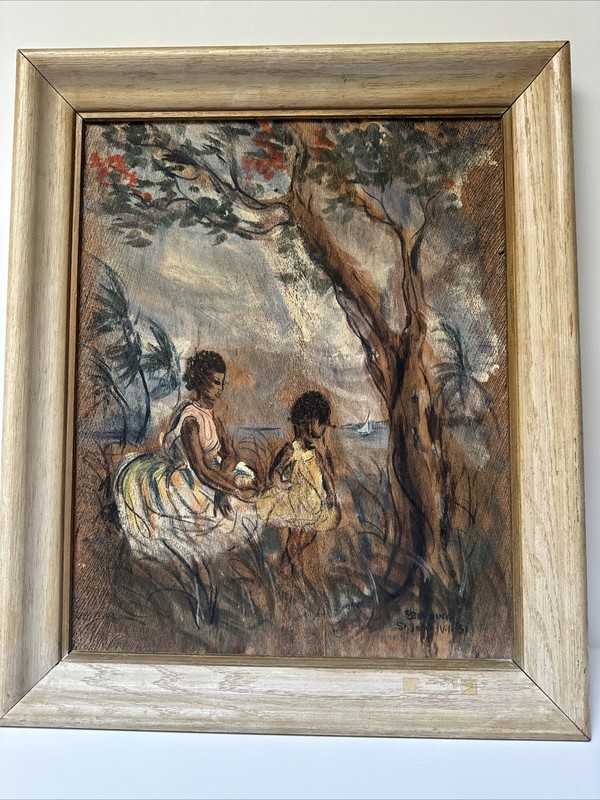 VINTAGE PAINTING BEACH COAST SAINT JOHN VIRGIN ISLANDS BLACK WOMAN CHILD SIGNED