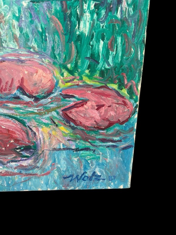Vintage Impasto Impressionist Oil Painting Pink Water Lillies Signed 1987 24x28 gallery