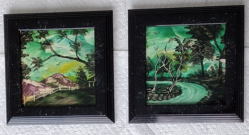 Pair of Vintage Country Landscapes Reverse Glass Paintings.