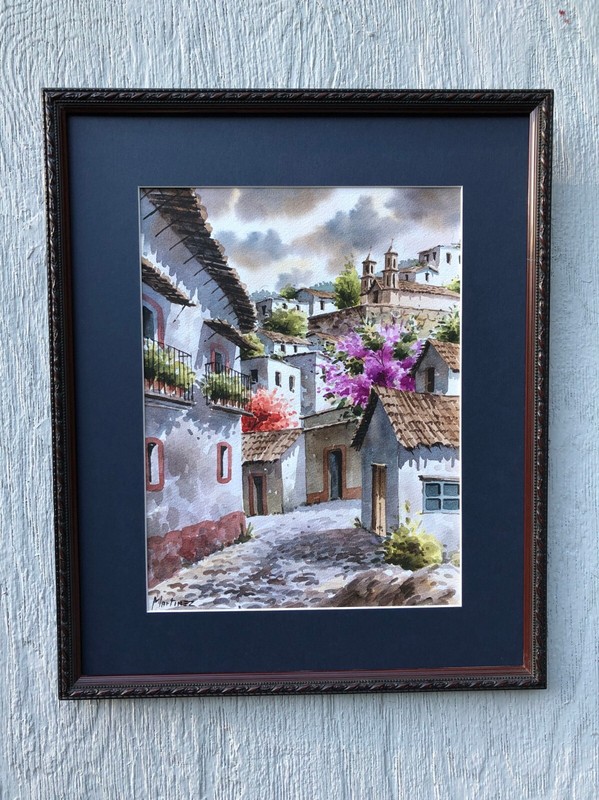 By MARTINEZ, Original Watercolor Painting, Mexican Church, Historic Town, MINT