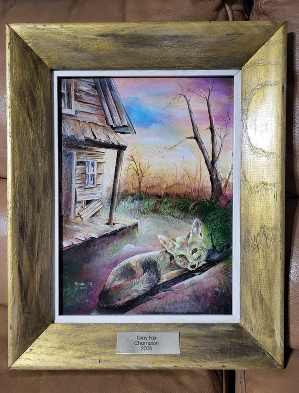Vernon J. Viola Signed 2004 Painting Gray Fox Wildlife Gold Framed 13×16