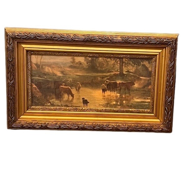 H.HAL KRAMER FRAME CANVAS COUNTRYSIDE SUNSET PAINTING COWS DRINKING @ A POOL