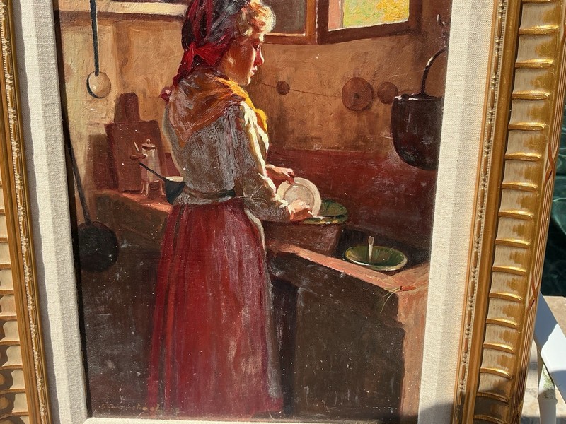Vtg European Wood Panel Oil Painting Dutch Interior Scene Waning Dishes Signed gallery