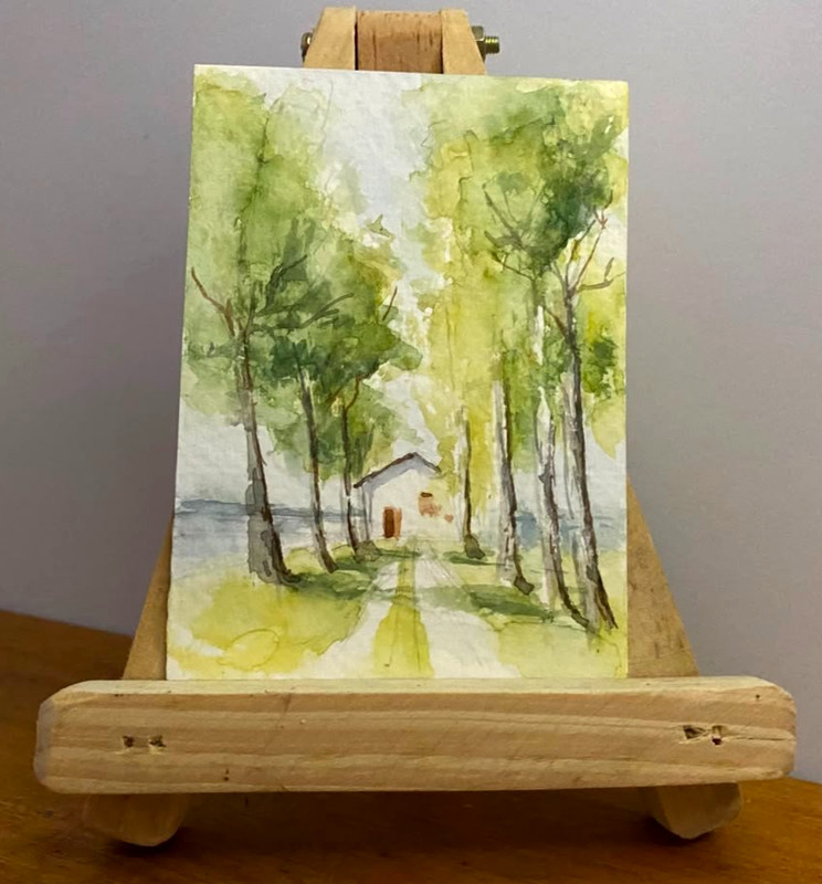 ACEO Original Watercolor Painting Tree Lined Path Country House Landscape OOAK