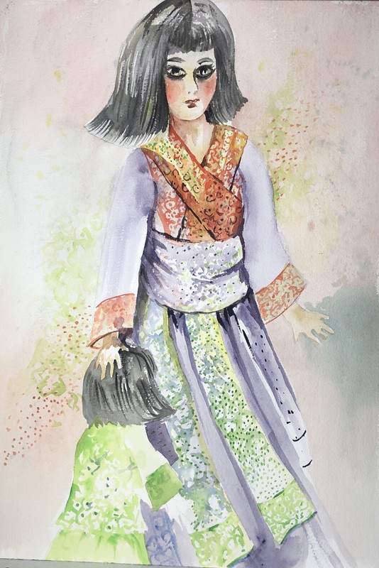 Watercolor Painting Portrait Girl Joan Perry Original Vintage Art 14” W x 20” H gallery