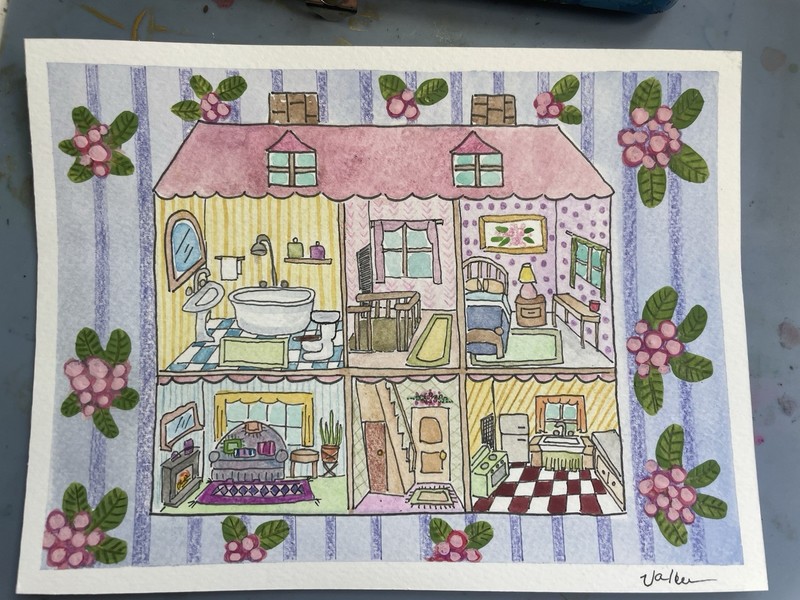 OOAK 6×8 Doll House Cottage with Furniture and Accessories Original Signed