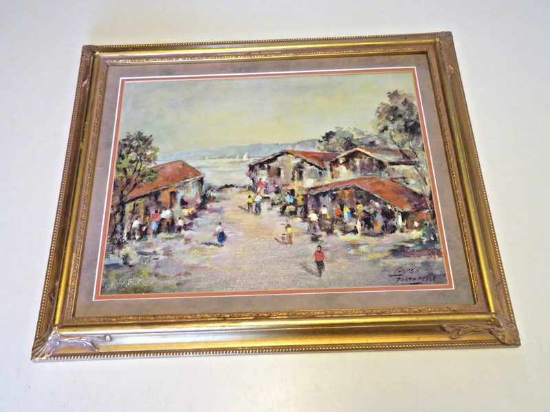 Vintage Carmen Pontarelli Oil Painting on Board Seaside Street Scape 19.5 x 23.5