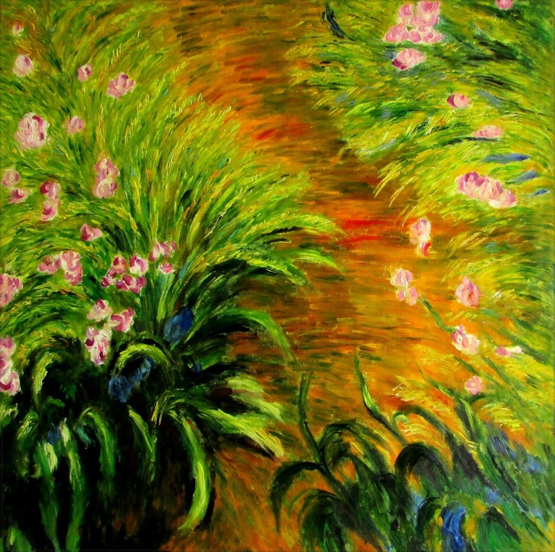 Monet Iris Garden at Giverny Repro, Quality Hand Painted Oil Painting 36x36in