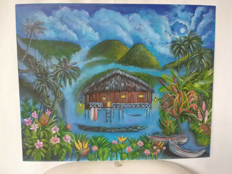 Original Acrylic Hand Painting 16x20 Bungalow Hut Jungle Hawaiian Wall Art gallery