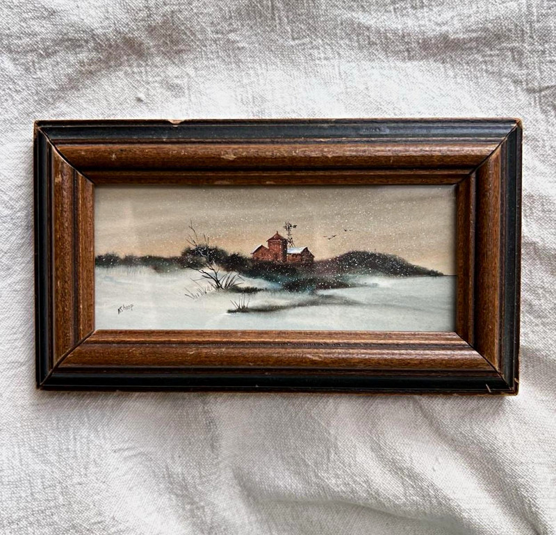 K Shoop Red Barn Wintery Landscape Original Hand Painted Miniature Frame