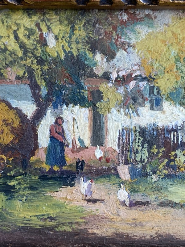 Joseph Harencz ATQ VTG Miniature Impressionism Chicken Genre Landscape Painting gallery