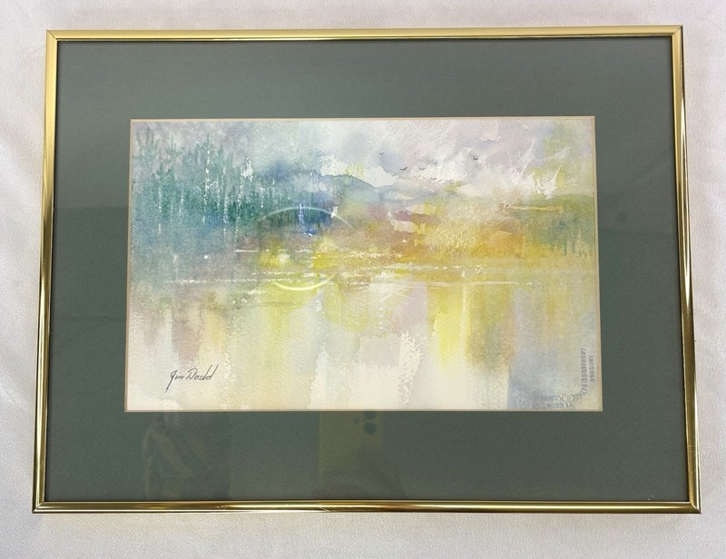 Jim Dodd Abstract Landscape Watercolor Painting 15”x11” Thin Gold Metal Frame