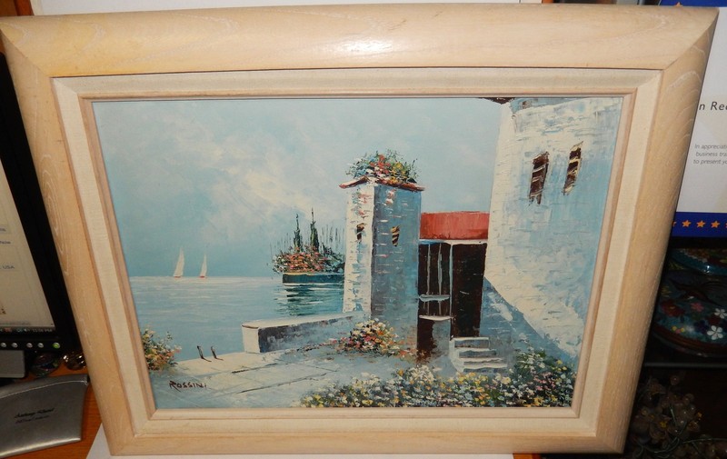 ROSSINI ORIGINAL OIL ON CANVAS SEA SHORE SAIL BOAT FLORAL GARDEN PAINTING