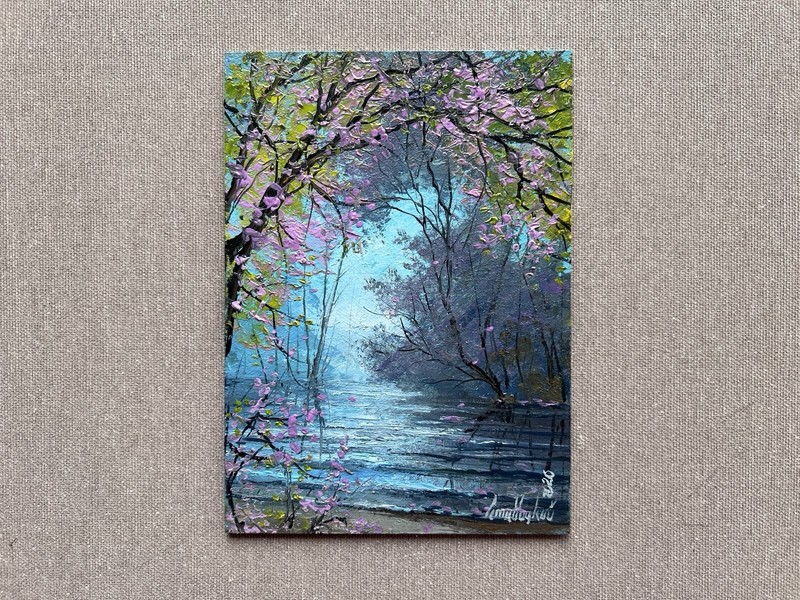 Original Spring River Oil Painting, Impasto Landscape Wall Art, Pink Blossom Art