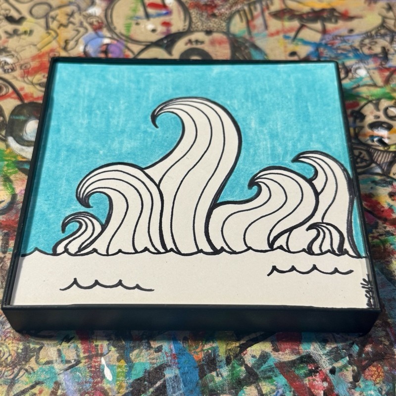 FRAMED ORIGINAL Graffiti Line Art Ocean Wave Sea Beach Pop 4x4 PAINTING Ghostgrl gallery