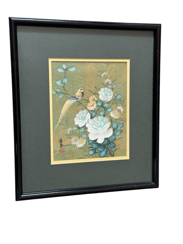 Asian Painting Cork Paper Bird Flower Gold Matted Framed Signed gallery