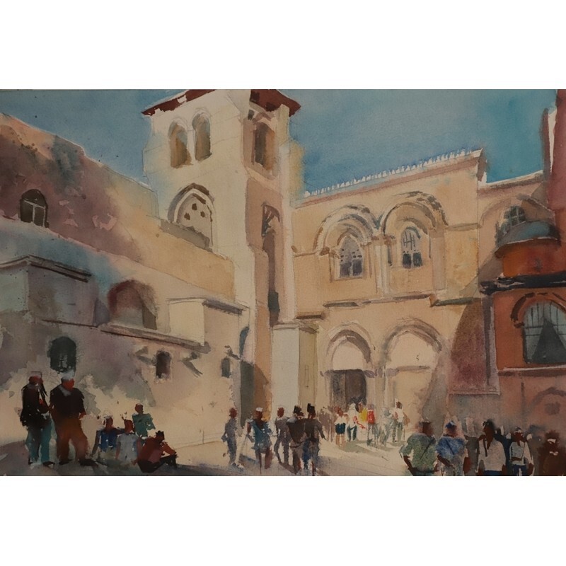 ORIGINAL Art Watercolour Cityscape Jerusalem Church 10.2×15″ Tatiana Ilitzky