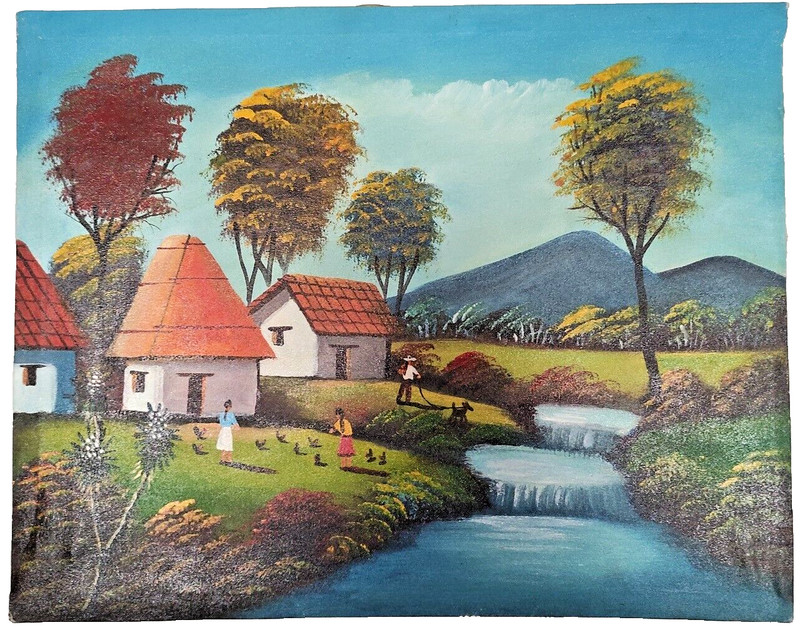 Original Folk Artwork Painting Haitian Valley Village Animals Mountains River