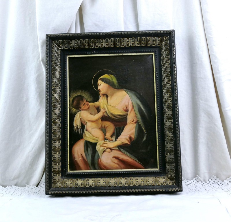 19th C French Framed Oil Painting of Virgin Mary with Child Religious Picture gallery