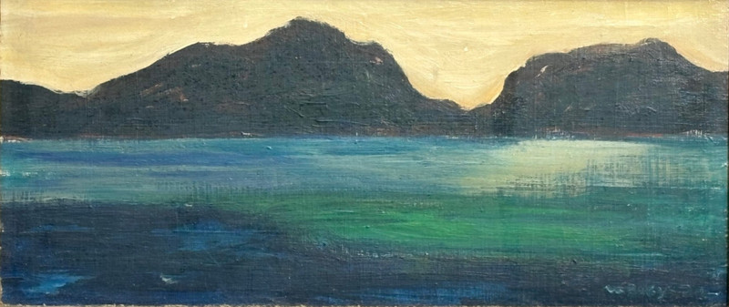 Water Reflections Below a Mountain Range Oil Painting-C. 950s-Maxim Bugzester