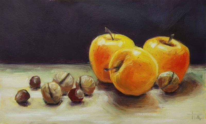 Original Oil Painting Still Life Apples and Nuts 6×10 inches Impressionism