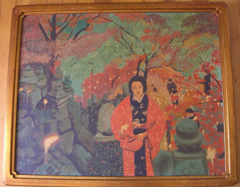 Vintage Mid-Century Japanese Furneral, Oil on Canvas, Irene Shein – Period Frame
