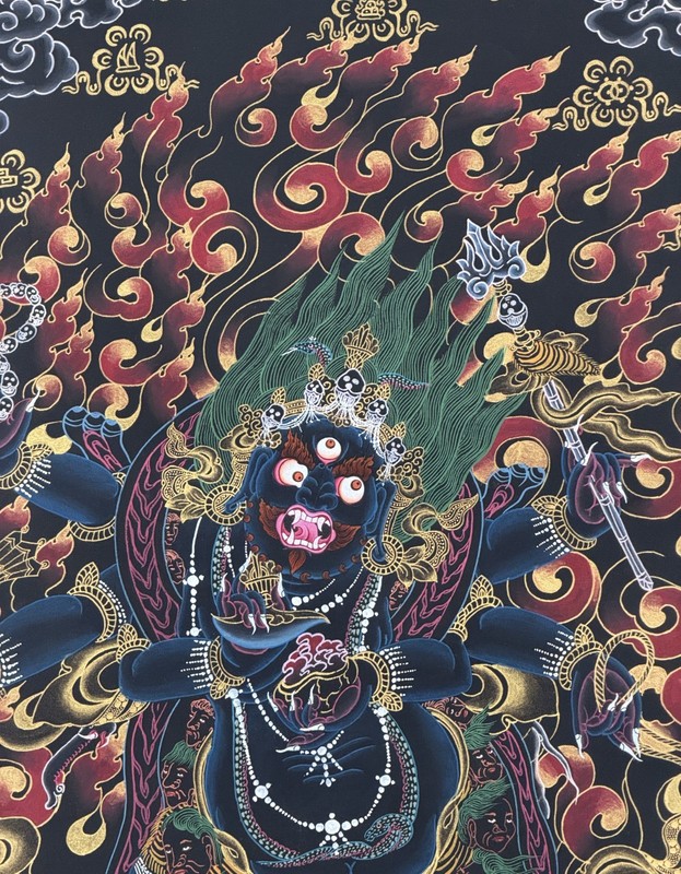 SIX ARMED MAHAKALA PROTECTOR ORIGINAL TIBETAN THANGKA PAINTING- OIL VARNISHED gallery