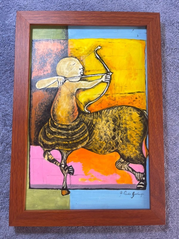 GRACIELA RODO BOULANGER DRAWING ON ANTIQUE WOOD,FRAMED ON WOOD,SIGNED AND SEALED