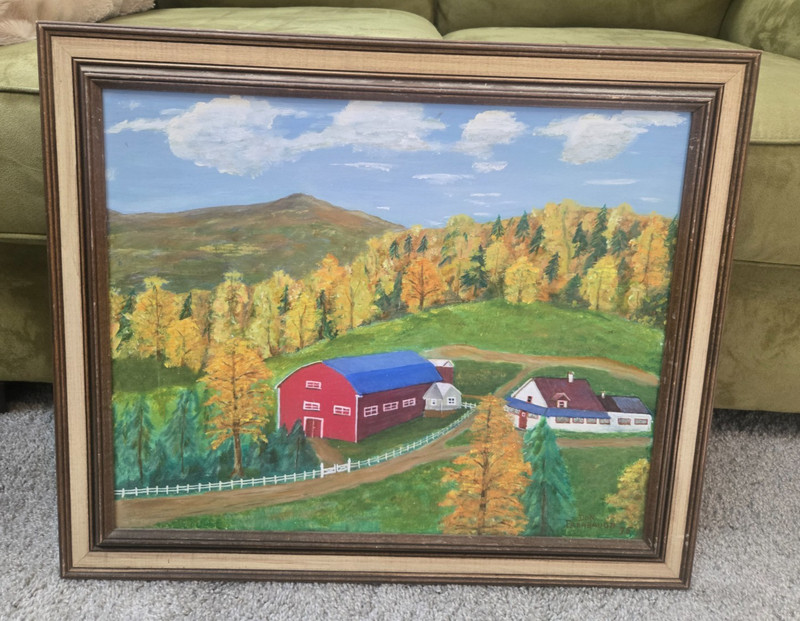 Vtg Original Folk Art Painting COUNTRY HOME BIG RED BARN Don Farabaugh 1975